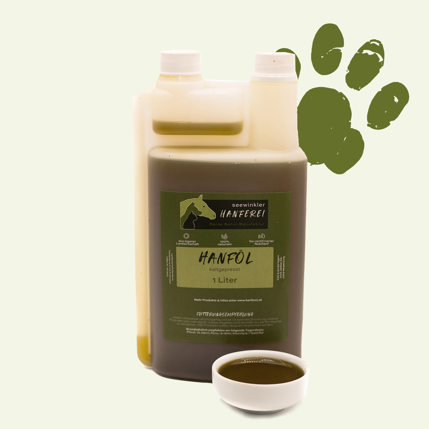 seewinkler Hanföl für Hunde mit Öl in Schale
