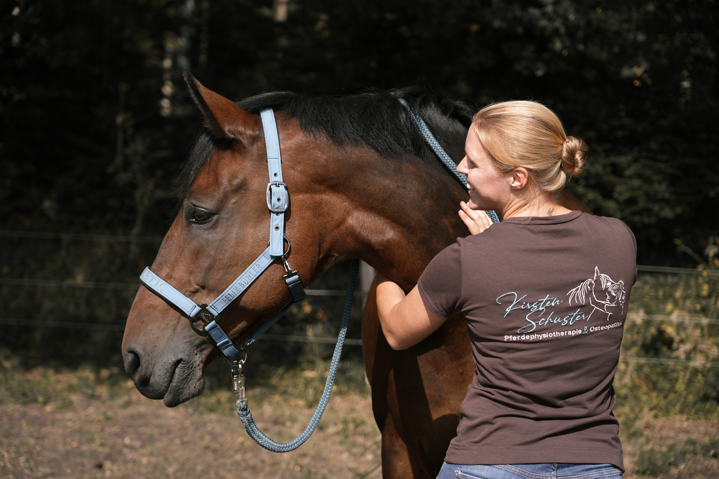 Physiotherapeutin arbeitet mit Pferd