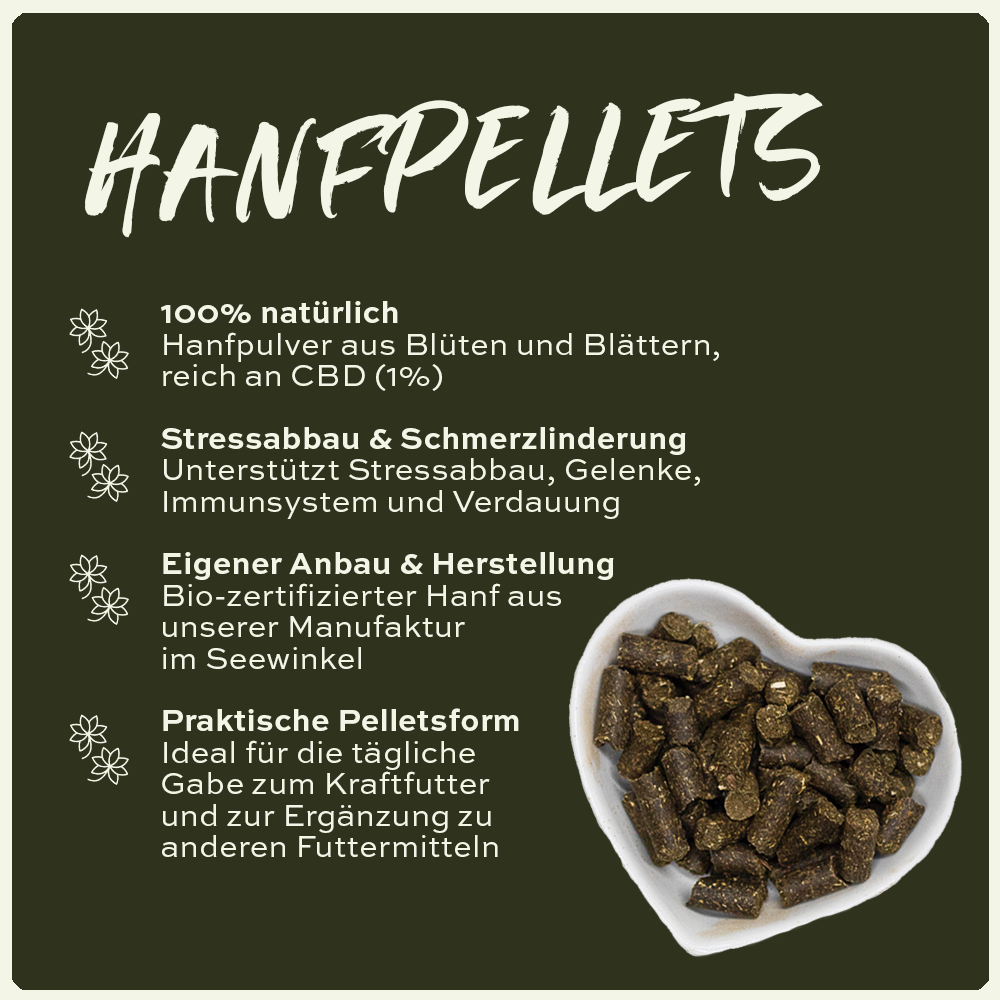 seewinkler Hanfpellets in einer Schüssel mit Produktvorteilen aufgelistet